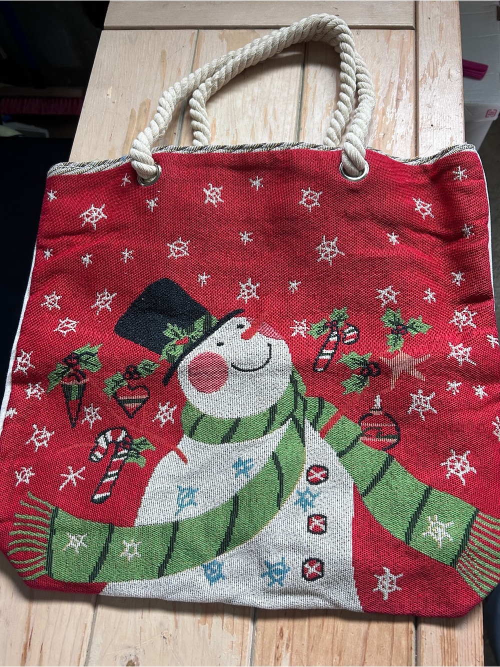 Festive Red Snowman Holiday Tote with Rope Handles